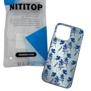NITITOP Blue Floral Holographic iPhone 15 Pro Max Case Silver Iridescent Cover
